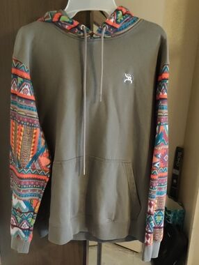 Hooey Olive Hoodie with Multicolor Aztec Sleeves